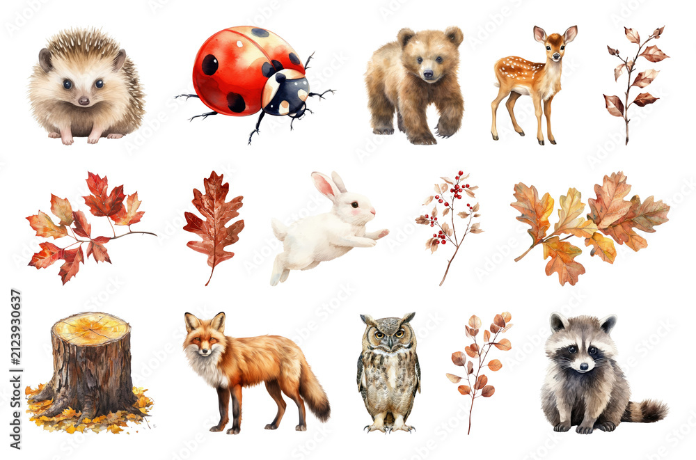 Obraz premium PNG Cute woodland animals and autumn leaves illustration, transparent background