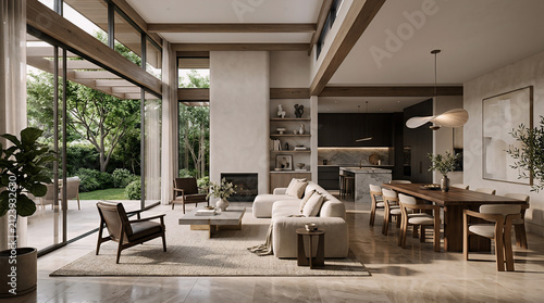 Luxurious modern open plan interior with floor to ceiling windows