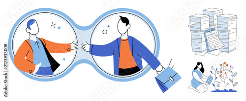 People shaking hands and office tasks vector illustration. Teamwork, corporate communication, project management, productivity, growth, business development. Colleagues connecting and working