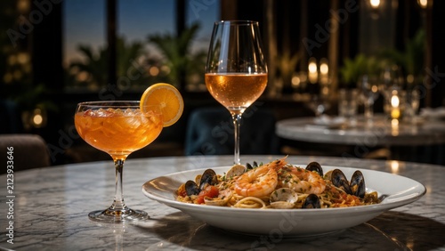 Elegant seafood linguine with shrimp, mussels and clams served alongside a vibrant citrus cocktail and chilled rosé wine in a sophisticated fine dining restaurant. Romantic gourmet dinner concept.
