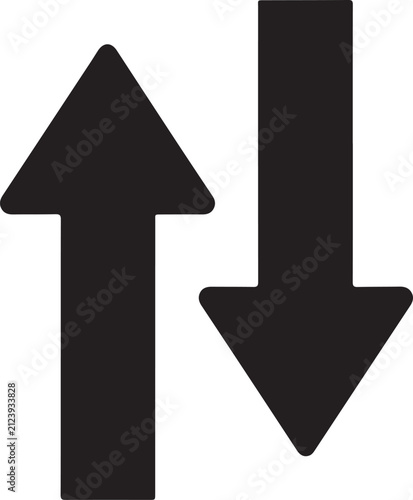 A clean vector graphic featuring a solid black arrow pointing up and another solid black arrow pointing down on a white background.