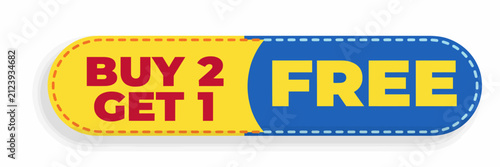 Bright yellow and blue buy two get one free promotional sale offer badge