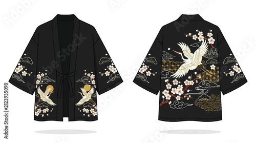 Traditional Japanese Kimono Haori Jacket with Embroidered White Crane Bird and Cherry Blossom Sakura Pattern