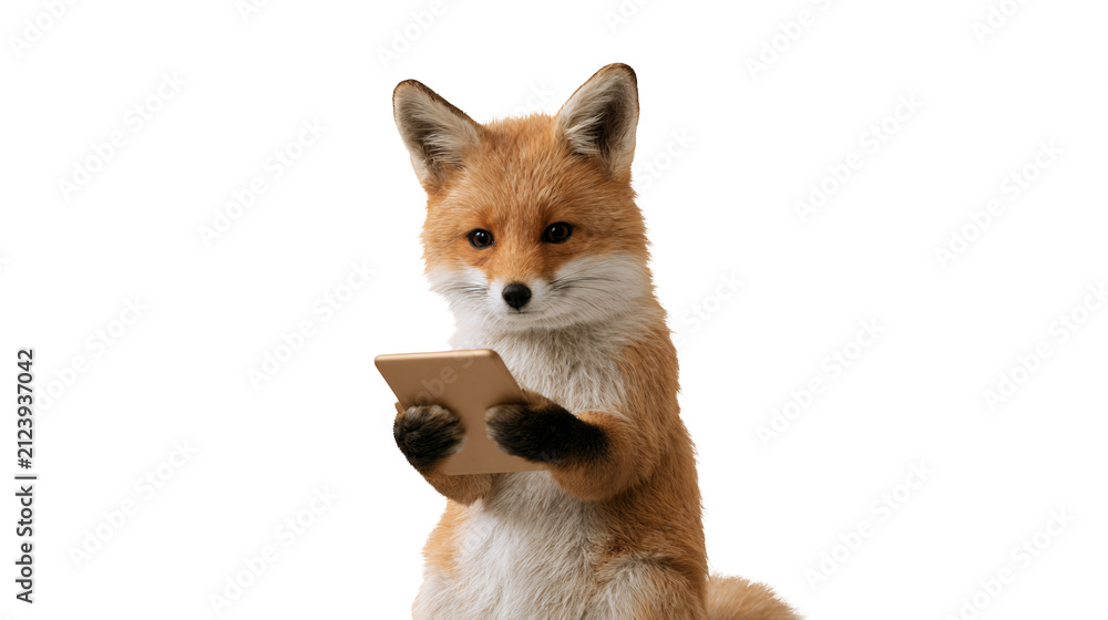 Fototapeta premium Cute fox holding tablet isolated on white background