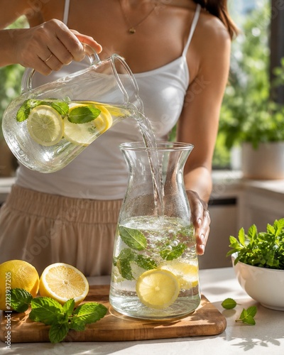 Woman Pouring Infused Water with Lemon and Mint in Kitchen