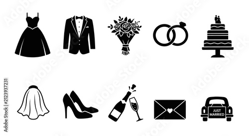 Wedding Symbols Collection Black Silhouette Icons On Transparent Background