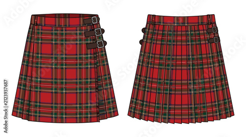 Red Plaid Pleated Skirt with Buckles Front and Back View Traditional Tartan Kilt Fashion Illustration Clothing Mockup