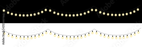 Collection of glowing string lights displayed on black with lights arranged contrasting black white backgrounds displays set glowing illumination