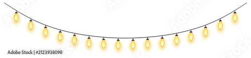 Glowing string lights hanging on black wire against white background with displays string glowing yellow illumination electricity celebration