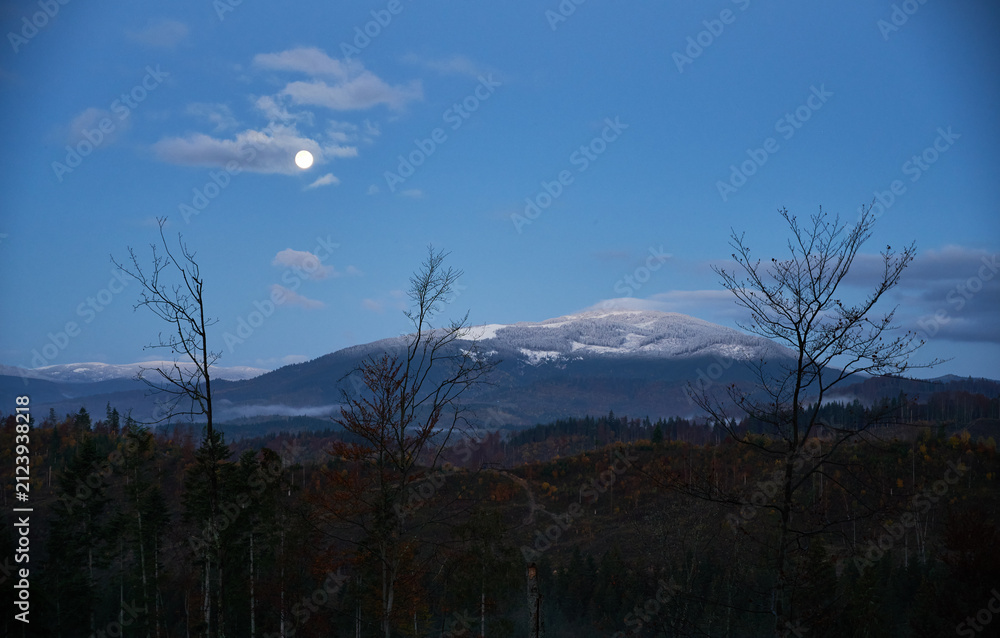 Obraz premium Evening blue sky over mountains and trees.