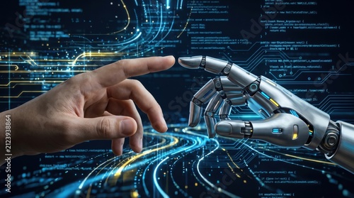 Human hand touching robotic hand in futuristic digital interface, concept of human machine connection and technology innovation with glowing circuit lines and code in background