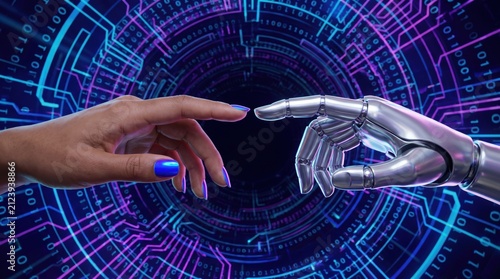 Human hand with blue nail polish reaching metallic robotic hand against neon digital circuit background, connection and technology emotion evoked