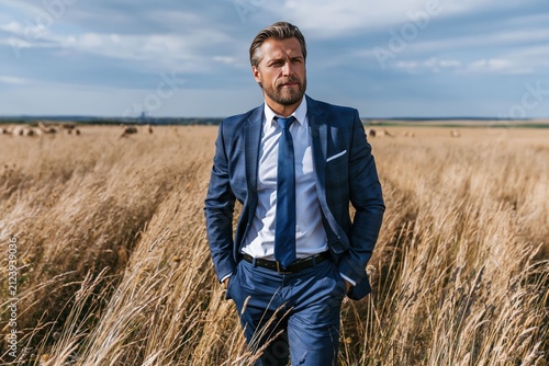 businessman walks through a field of tall grass wearing a blue suit and tie. sun shines above him as he moves among dry plants during day