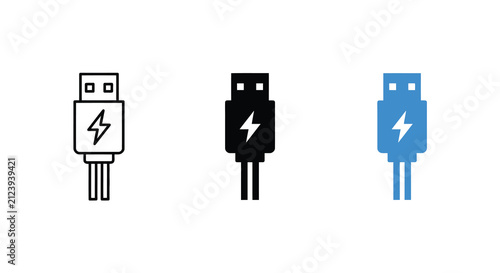 Usb Charging Icon Set Black And Blue Variations On White Background
