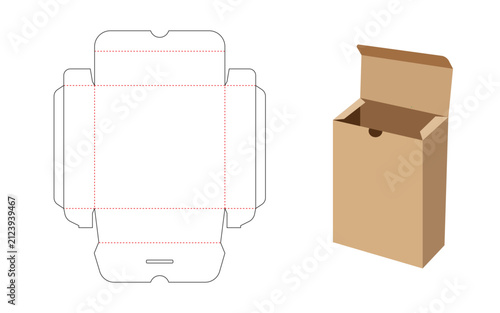 Cardboard box die cut pattern and assembled form on a white background packaging container diecut