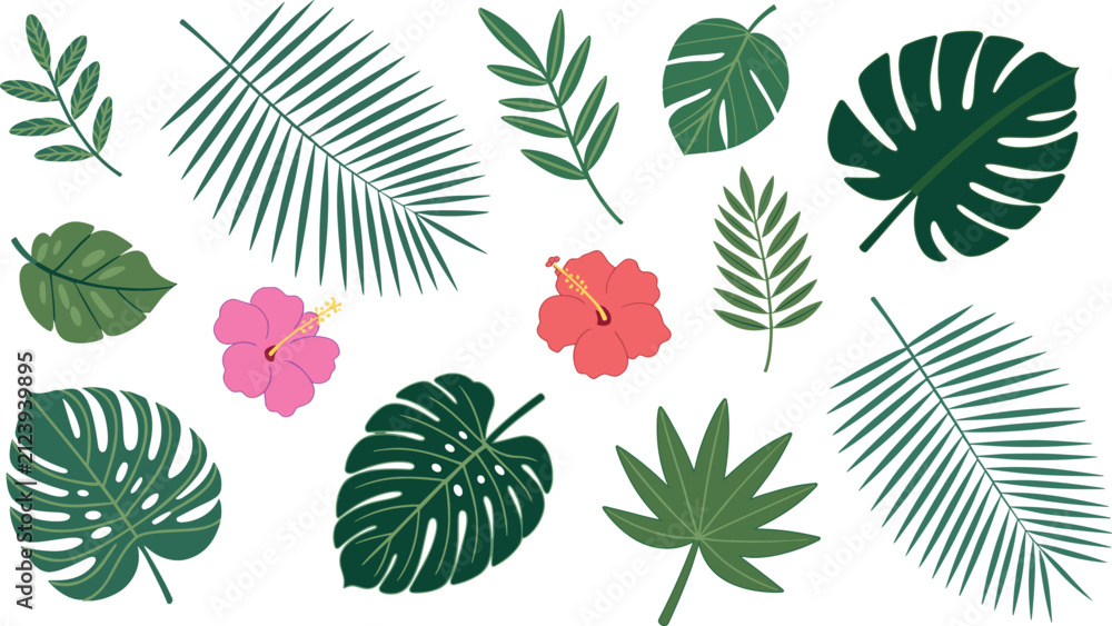 Fototapeta premium Tropical leaves and hibiscus flowers vector illustration collection featuring monstera palm fronds and botanical elements