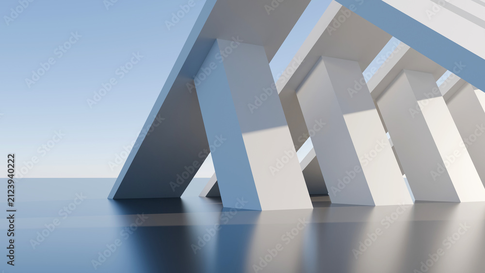Fototapeta premium 3D abstract modern architectural building pillars render on clear blue sky background
