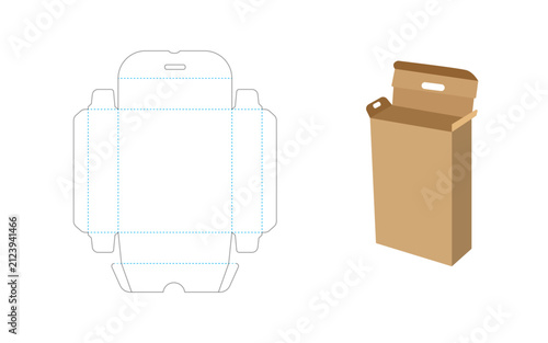 Cardboard carry box die cut template and assembled version on a white background packaging container