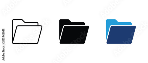 Cuadro en lienzo Folder icon set open and closed file folders line, silhouette and solid blue styles on a white background