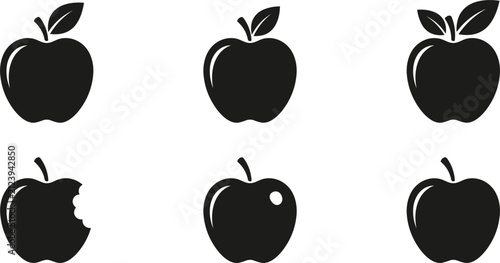 Fotografie Black apple vector silhouette icon set featuring whole and bitten fruit shapes i
