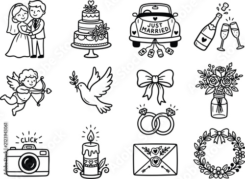 Wedding doodle elements line art vector set, bride groom couple, tiered cake, just married car, champagne bottle, cupid angel bow