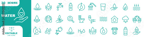 Water related icons set. Including drops, waves, hydration, faucet, ocean, rain, plumbing, purification, water supply, and conservation. Editable stroke. Outline icons.