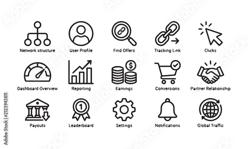 Set of business affiliate marketing and network management icons for dashboarding.