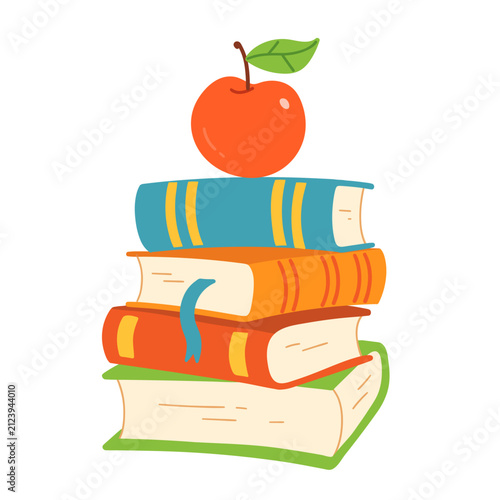 Red apple on a colorful stack of books for education and learning. Vector illustration isolated.