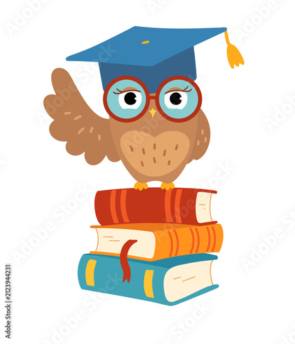 Wise owl in graduation cap and glasses sitting on books. Vector isolated illustration.