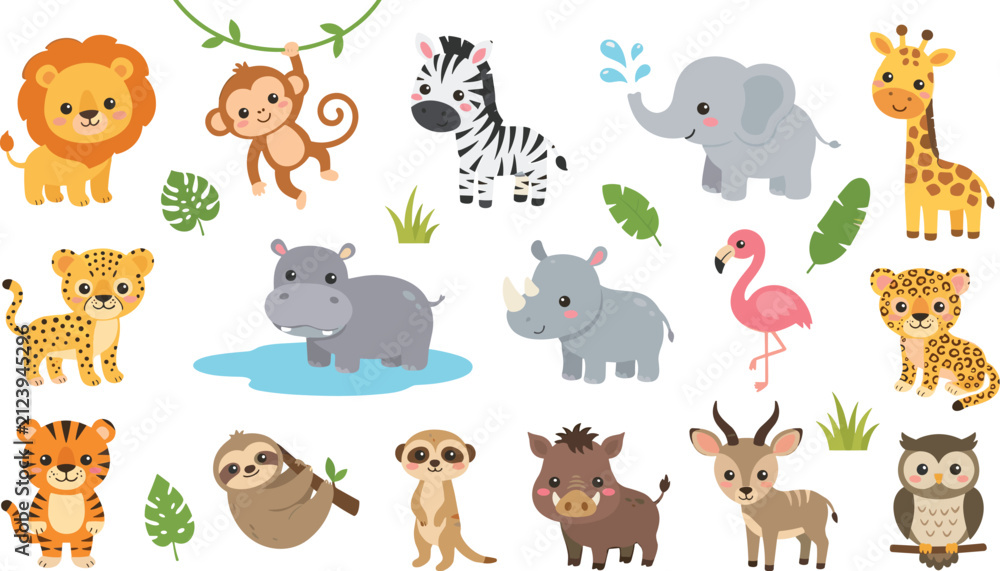 Fototapeta premium Cute Wild Animals Collection Featuring Lion, Monkey, Elephant, Giraffe, Tiger, Zebra, and Jungle Characters Flat Vector Illustration Set