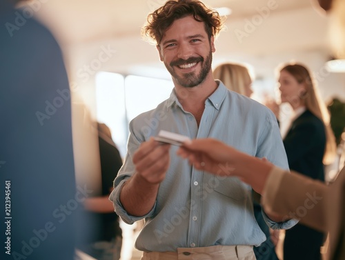 A smiling man in a light blue shirt receives a card during a social or professional networking event with blurred people in the background.