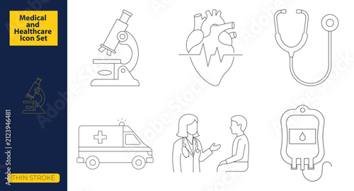 Medical and Healthcare Thin Stroke Icon Set