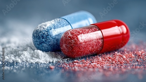 Red and Blue Capsules with Powder Spill on Surface.