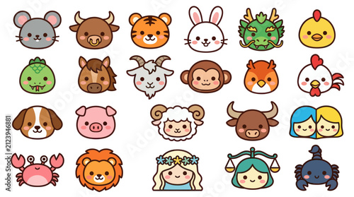 Canvas Print Cute animal icons zodiac symbols