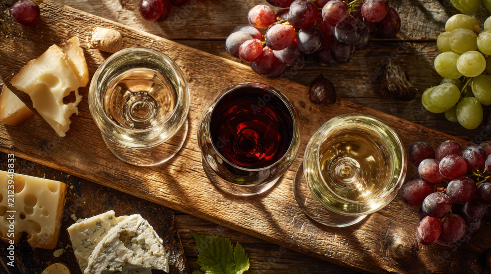 Obraz premium Wine Tasting with Cheese and Grapes on Wooden Board