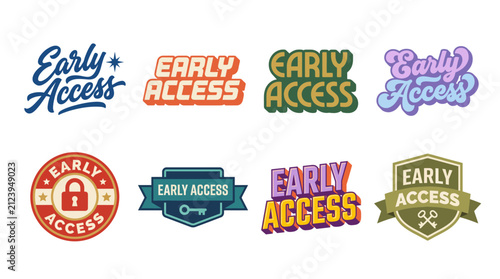Foto A diverse collection of early access badges and logos in various styles and colors, perfect for promoting products or services in an engaging manner