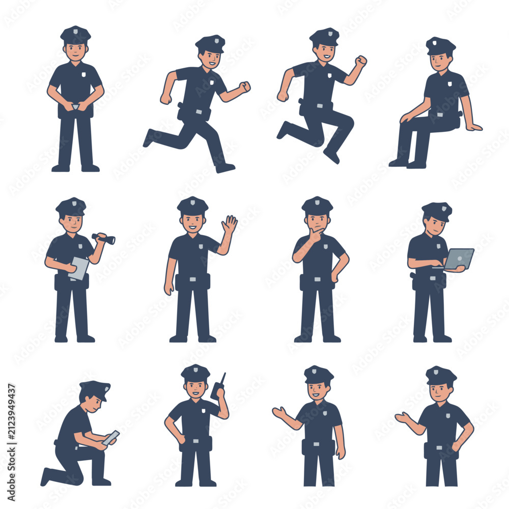 Obraz premium Police officer character illustrations in various active poses.