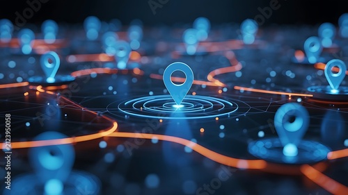 Abstract digital network visualization with glowing blue location pins and interconnected paths representing global data and navigation systems