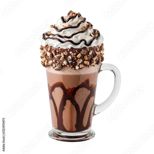 Delicious chocolate dessert drink with whipped cream isolated on white background