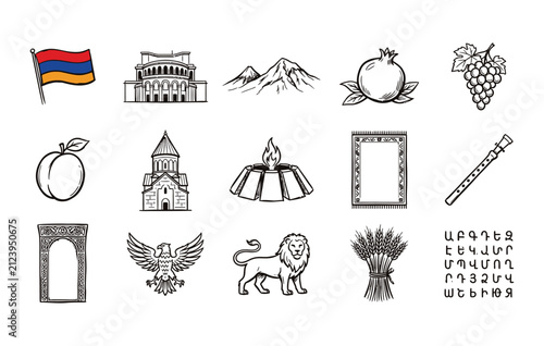 Foto Armenian cultural heritage vector bundle featuring Mount Ararat, traditional sto