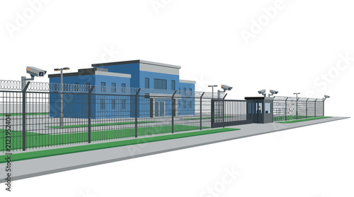 Foto Secure Facility Entrance with Barbed Wire Fence and Surveillance Cameras