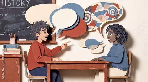 Paper-cut classroom conversation about language learning