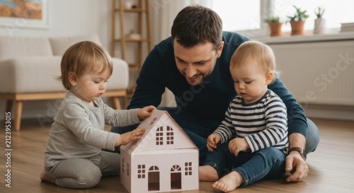 Father and two toddlers play with a pink house model on wooden floor
