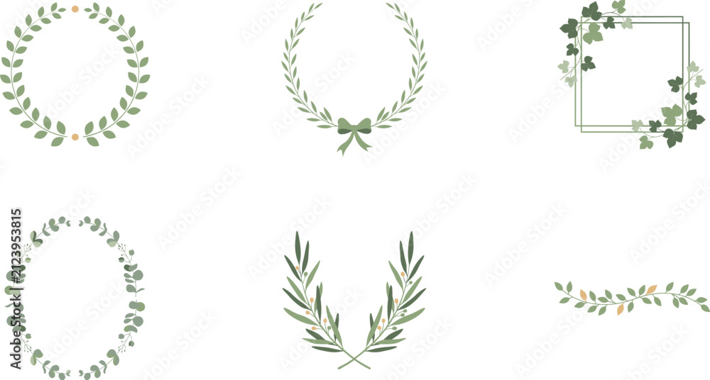 Fototapeta premium Elegant Green Laurel Wreath and Botanical Leaf Frame Vector Set for Wedding Invitations, Logos, and Organic Branding Designs