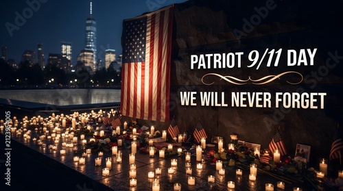 Patriot Day September 11 remembrance banner with candles and American flag