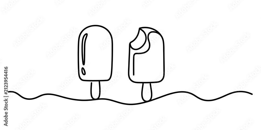 Fototapeta premium Simple line art illustration of two popsicles one with a bite taken out on a wavy line