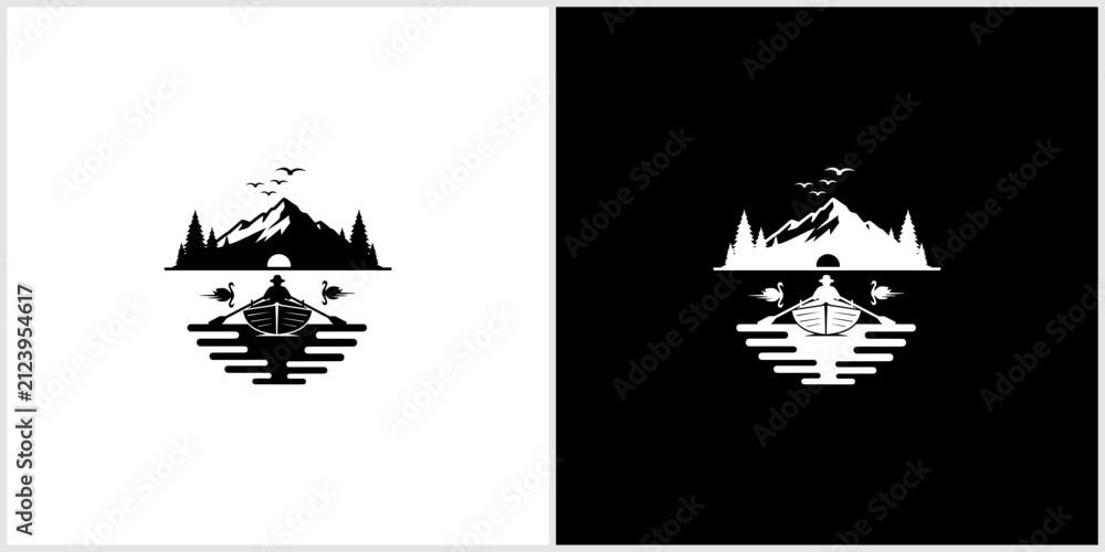 Fototapeta premium Minimalist Mountain Lake Adventure Logo with Boat Reflection and Nature Elements