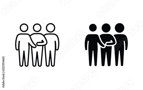 Group of three people connecting or handshaking icon set in outline and solid