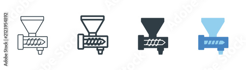 Flat vector illustration of an industrial material feeder machine and hopper conveyor system for raw material handling, automated processing, and factory manufacturing lines.
