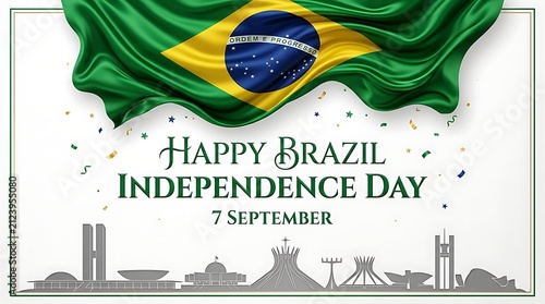Happy brazil independence day greeting card with waving flag and brasilia city skyline silhouette isolated on white background